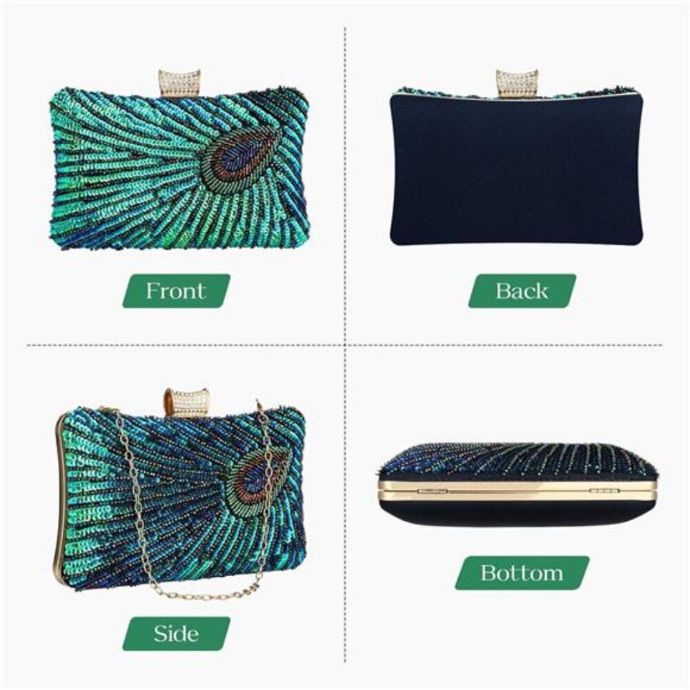 Evening Bag Clutch Purses for Women Beaded Sequin Peacock Party Handbag Wedding - Picture 3 of 7